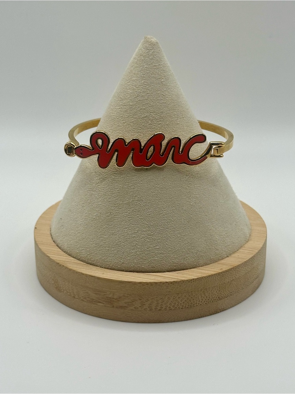 Marc Jacobs Bangle Bracelet Gold Tone Red Script Logo "Marc" Hook Closure Signed